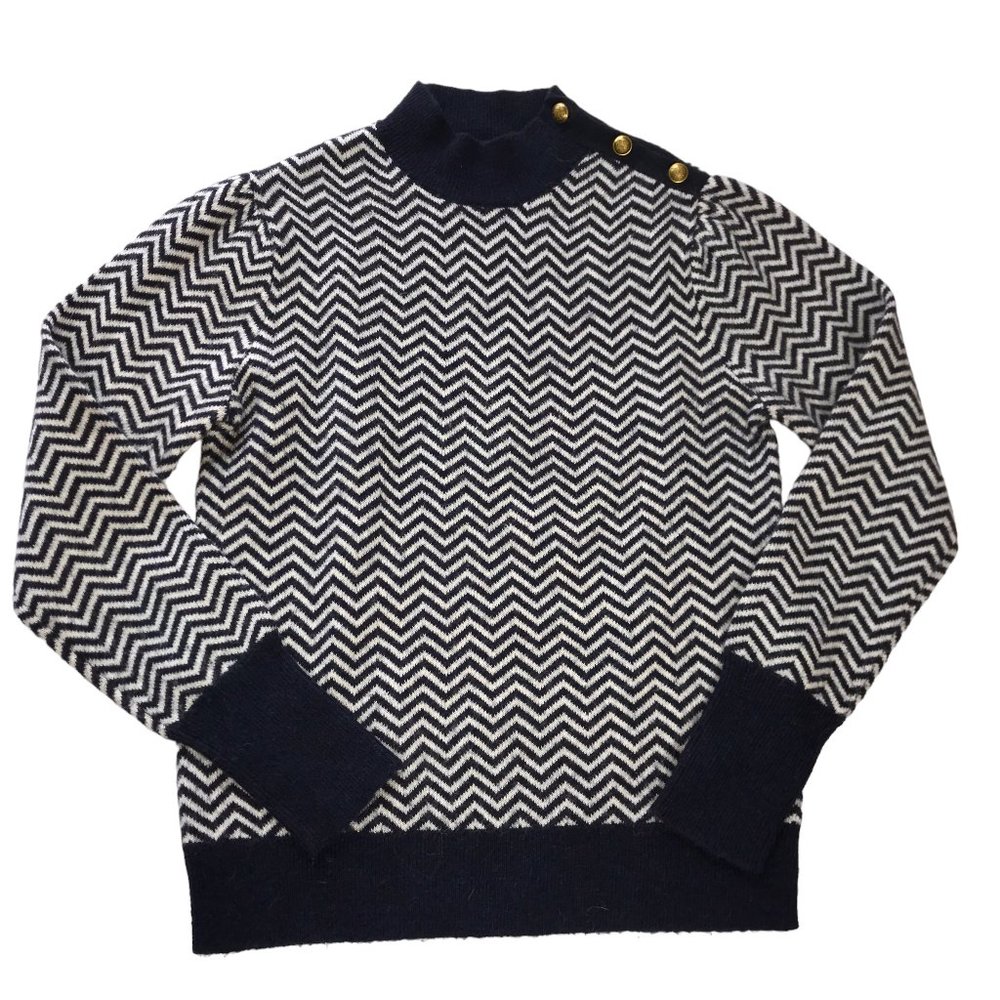J. Crew Chevron Stripe Sweater with three Buttons on Shoulder.  Gray / Dark Blue